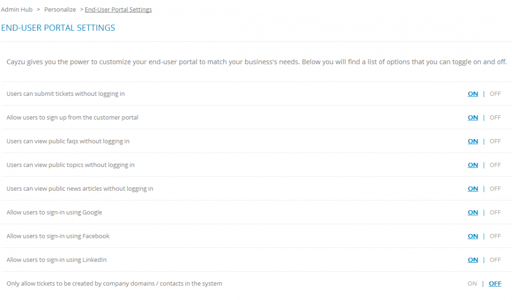 Cayzu Help Desk - End User Portal Settings