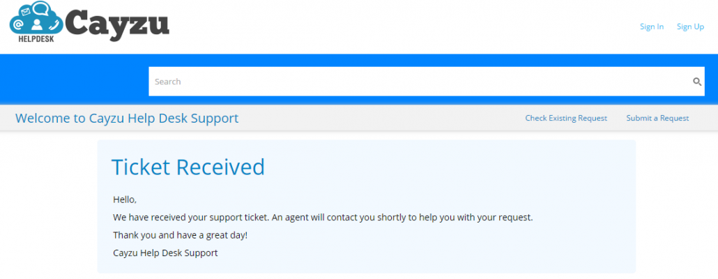 Ticket Received - Cayzu Help Desk